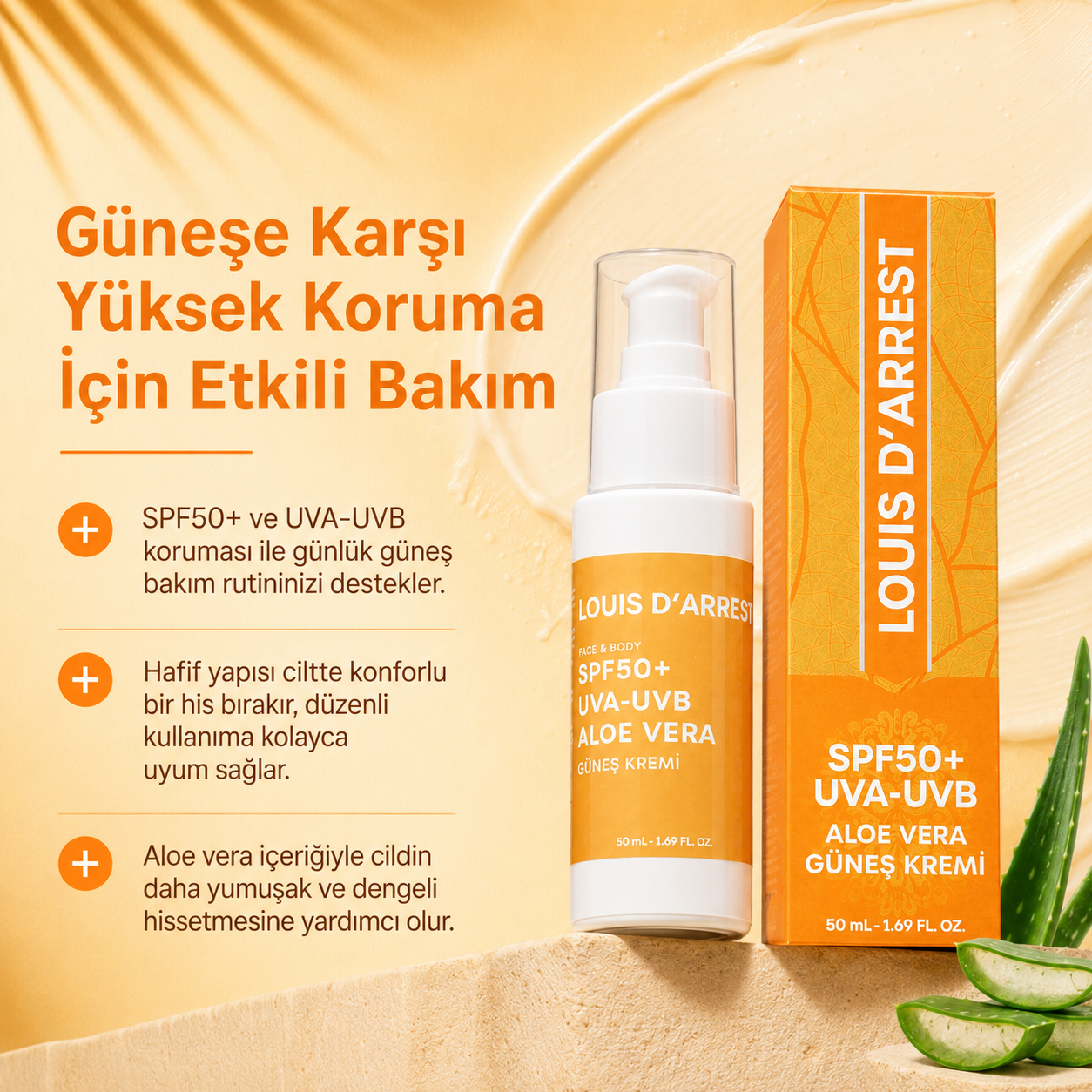 SPF50+ UVA-UVB Aloe Vera Güneş Kremi 50 ml
