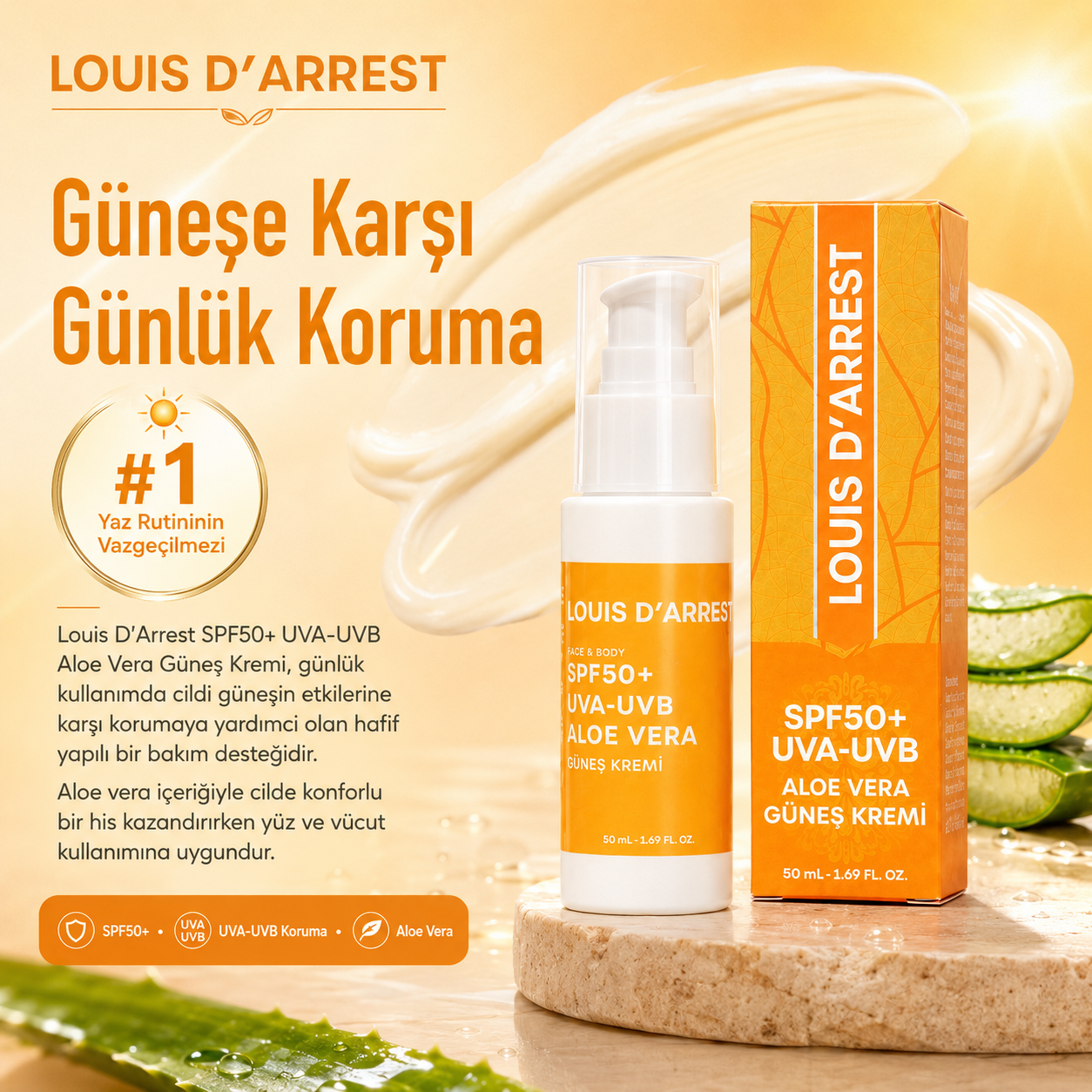 SPF50+ UVA-UVB Aloe Vera Güneş Kremi 50 ml