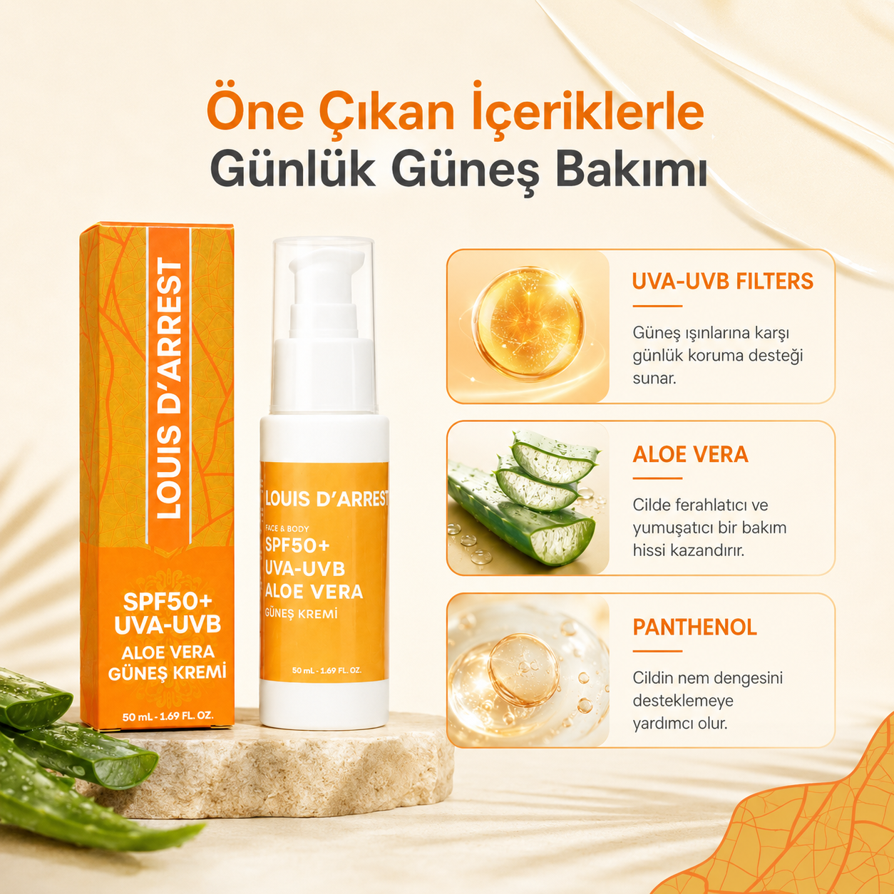 SPF50+ UVA-UVB Aloe Vera Güneş Kremi 50 ml